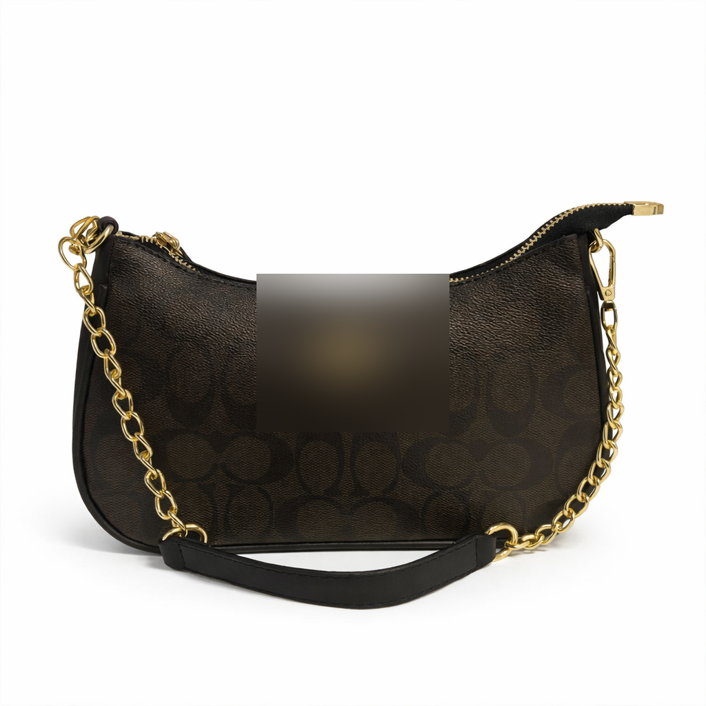 Classic Dark Brown Monogram Canvas Shoulder Bag with Leather Strap and Gold Chain