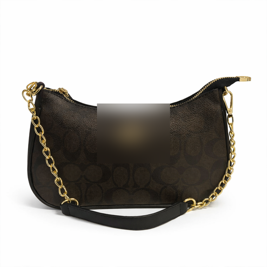 Classic Dark Brown Monogram Canvas Shoulder Bag with Leather Strap and Gold Chain Strap